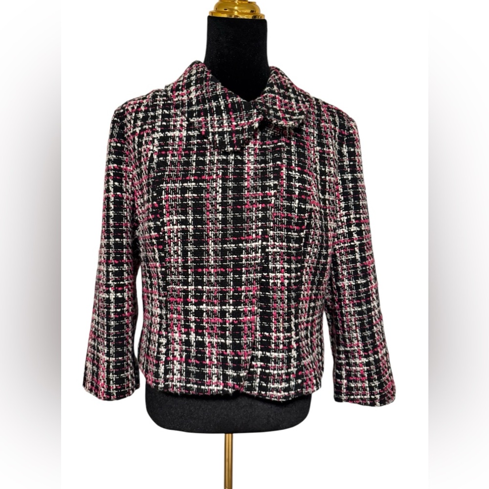 ANN TAYLOR LOFT Tweed hot pink black retro bow cropped jacket size 14 EUC
